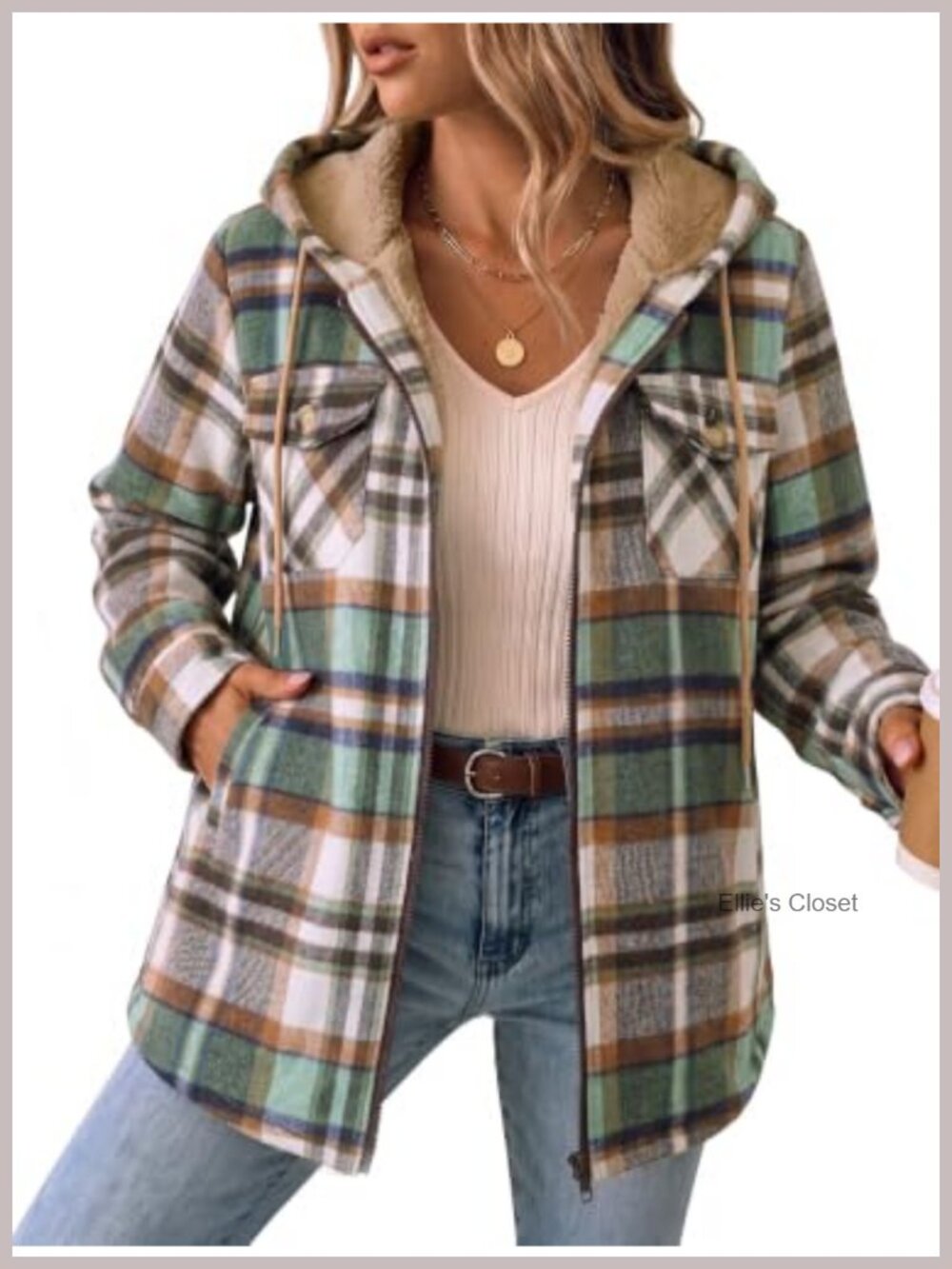 Women Flannel Shacket Fleece Lined Plaid Hooded Zip Coat Winter Jacket